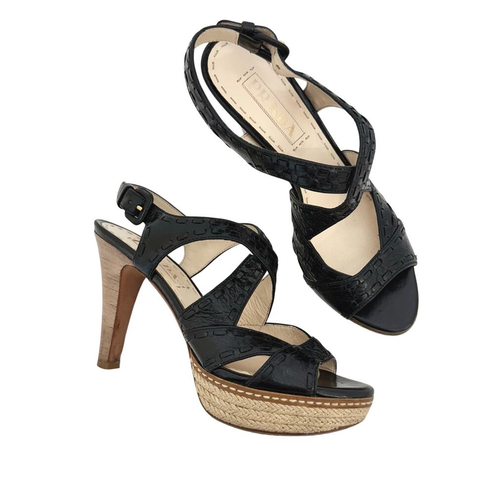 Prada Crisscross Platform Sandals Heels Black Leather Espadrille Platform 36.5 - Picture 1 of 12